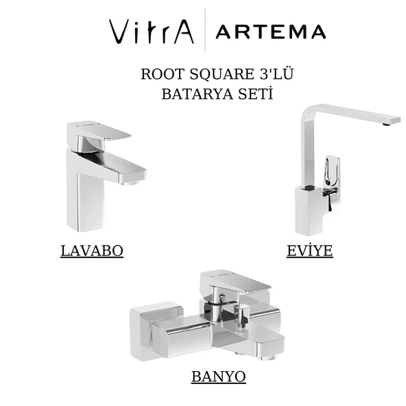 Artema Root Square Krom Lavabo-Banyo-Eviye Bataryası 3'lü Set A42732-A42737-A42753 ürün görseli 1