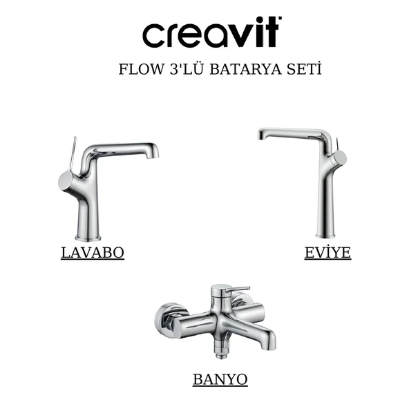 Creavit Flow Krom Lavabo-Banyo-Eviye Bataryası 3'lü Set FL1500-FL2500-FL8500 ürün görseli 1