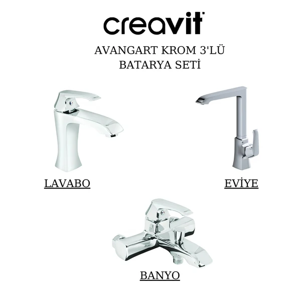 Creavit Avangart Krom Lavabo-Banyo-Eviye Bataryası 3'lü Set AG1500-AG2500-AG8500 ürün görseli 1