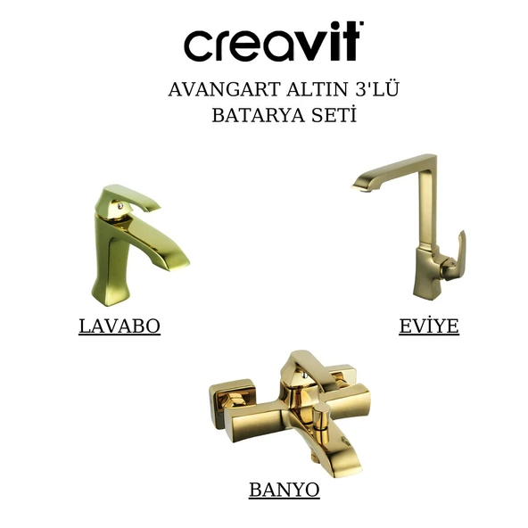 Creavit Avangart Altın Lavabo-Banyo-Eviye Bataryası 3'lü Set AG1500G-AG2500G-AG8500G ürün görseli 1