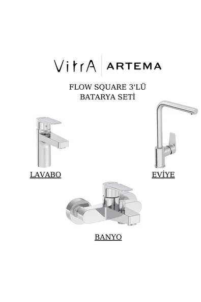 Artema Flow Square Krom Lavabo-Banyo-Eviye Bataryası 3'lü Set A43044-A43063-A43396 ürün görseli 1