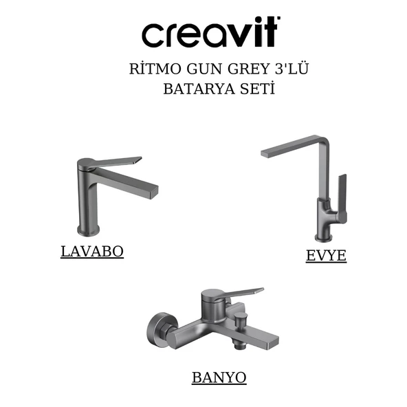 Creavit Ritmo Metalik Gri Lavabo-Banyo-Eviye Bataryası 3'lü Set RT1500GR-RT2500GR-RT8500GR ürün görseli 1