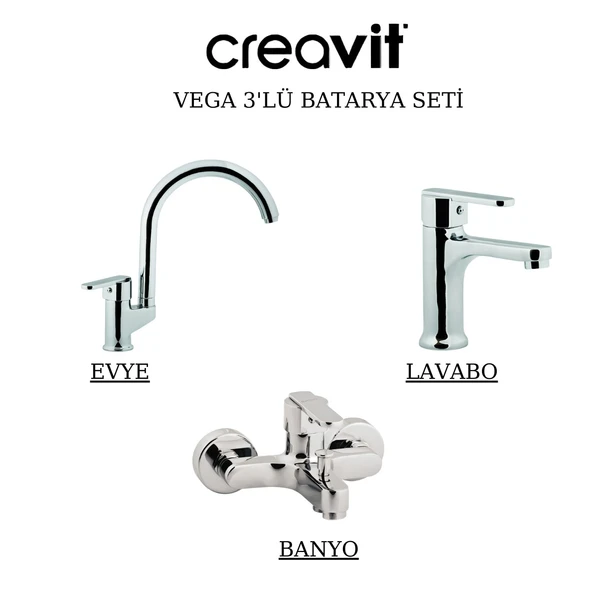 Creavit Vega Krom Lavabo-Banyo-Eviye Bataryası 3'lü Set VG1840-VG2840-VG8640 ürün görseli 1