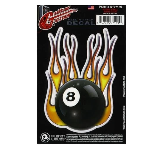 D'Addario Planet Waves GT77109 Gitar Tattoo Sticker - Flame 8 Ball (Aksesuar) | Alevli 8 Numara Top Tasarımı, Dayanıklı İnce Yapı ve Pratik Kullanım ürün görseli 1