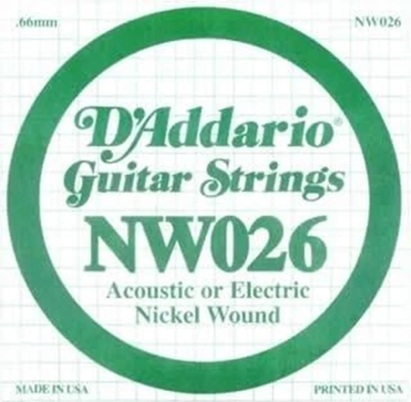 Daddario NW026 Elektro ve Akustik Tek Tel | Nickel Wound, (RE), .026 ürün görseli 1