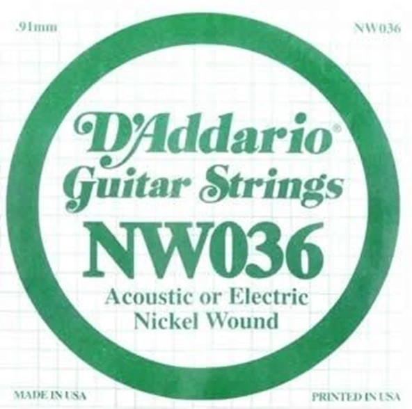 D'Addario NW036 Nickel Wound Elektro ve Akustik Gitar Tek Teli - .036 (Aksesuar) | Nikel Kaplama Sargı, Altıgen Çelik Çekirdek, Parlak Ton ve Esnek Çalım Hissiyatı ürün görseli 1