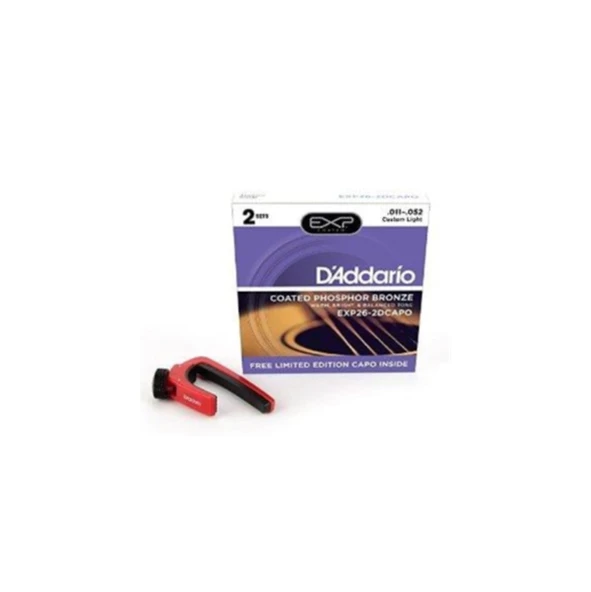 D'Addario EXP26-2DCAPO EXP Serisi Akustik Gitar Tel Seti (11-52 - Coated Phosphor Bronze - 2 Set + Capo) ürün görseli 1