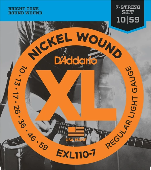 D'Addario EXL110-7 XL Nickel Wound 7 Telli Elektro Gitar Tel Seti - 10-59 (Profesyonel) | 7 Telli Gitarlar İçin İdeal Gerilim, Nikel Sargı ve Üstün Akort Kararlılığı ürün görseli 1