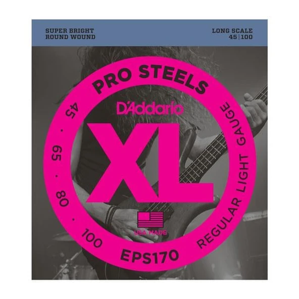D'Addario EPS170 XL ProSteels Serisi Bas Gitar Tel Seti (Long Scale - 45-100 - Paslanmaz Çelik) ürün görseli 1