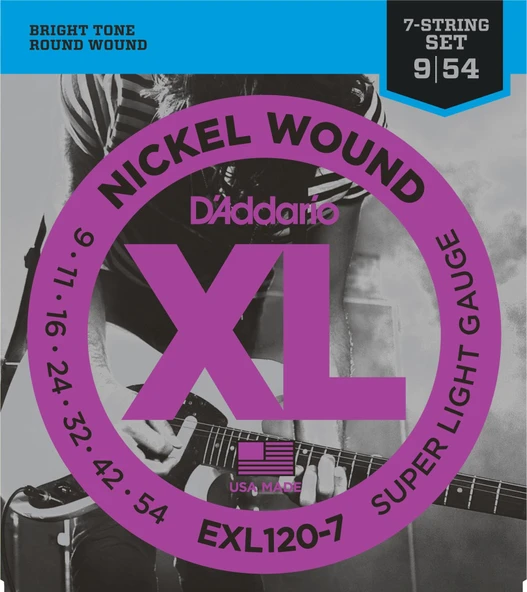 D'Addario EXL120-7 XL Nickel Serisi Elektro Gitar Tel Seti (Super Light - 09-54 - 7 Telli) ürün görseli 1