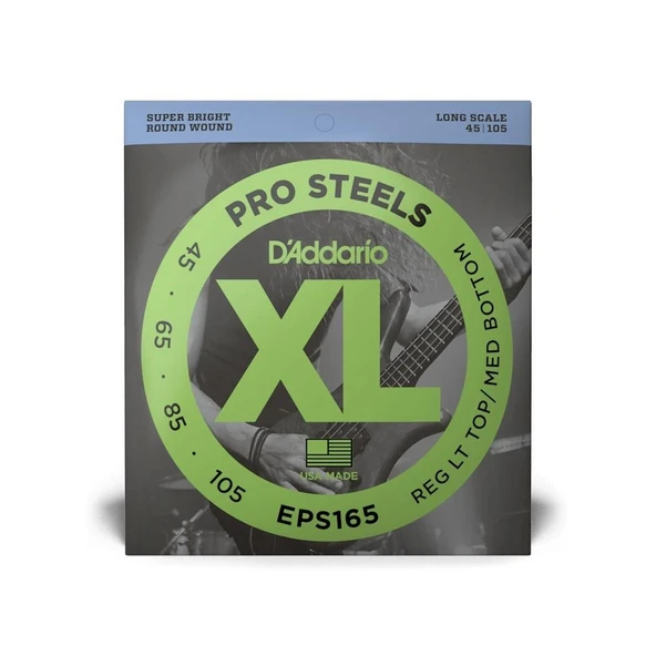 D'Addario EPS165 XL ProSteels Bas Gitar Tel Seti - 45-105 Regular Light/Medium (Profesyonel) | Paslanmaz Çelik Alaşım, En Parlak ve Agresif Ton Karakteri, Güçlü Baslar ürün görseli 1