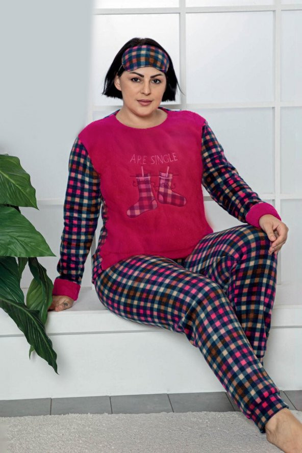 Kadın Koyu Kırmızı Renk Ekose Desenli Polar Kumaş AZL-61955 Pijama Takımı ürün görseli 1