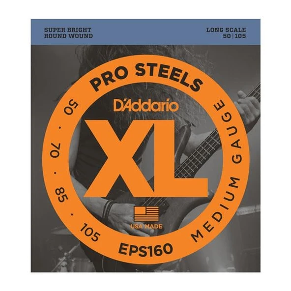 D'Addario EPS160 XL ProSteels Serisi Bas Gitar Tel Seti (Medium Tension - 50-105 - Paslanmaz Çelik) ürün görseli 1