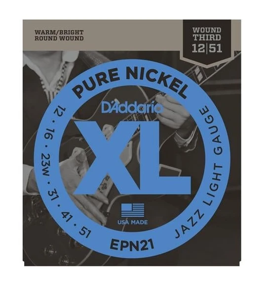 D'Addario EPN21 XL Pure Nickel Elektro Gitar Tel Seti - 12-51 Jazz Light (Profesyonel) | Saf Nikel Sargı ile Pürüzsüz Jazz Tonları, Dengeli Gerilim ve Vintage Karakter ürün görseli 1
