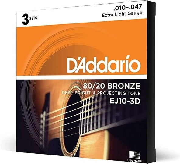 D'Addario EJ10-3D Phosphor Bronze Serisi Akustik Gitar Tel Seti (Extra Light - 10-47 - 80/20 Bronze) ürün görseli 1