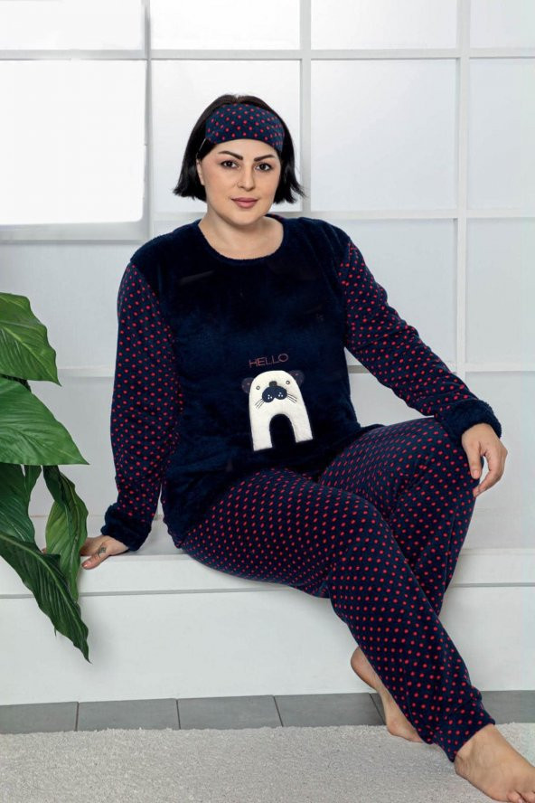 Kadın Lacivert Renk Puantiyeli Polar Kumaş AZL-61933 Pijama Takımı ürün görseli 1