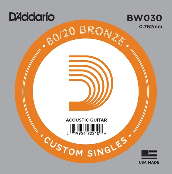 D'Addario BW030 .030 Akustik Gitar Tek Teli - D/Re Notası (Aksesuar) | 80/20 Bronz Malzeme, Sıcak ve Parlak Ton Dengesi, Korozyona Dayanıklı Yapı ürün görseli 1