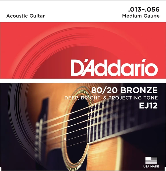 D'Addario EJ12 80/20 Bronze Akustik Gitar Tel Seti - 13-56 Medium (Profesyonel) | Güçlü Ses Hacmi, Sert Tansiyon, Kristal Netliğinde Tizler ve Yüksek Volüm ürün görseli 1