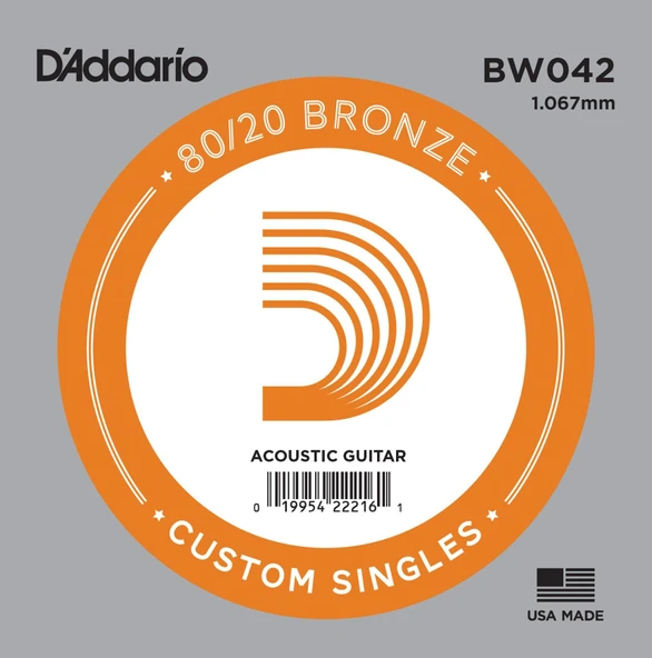 D'Addario BW042 .042 Akustik Gitar Tek Teli - A/La Notası (Aksesuar) | 80/20 Bronz Kaplama, Zengin Alt Frekanslar ve Kristal Netliğinde Tizler ürün görseli 1