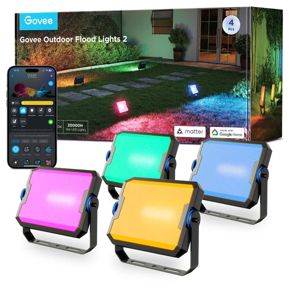 Govee Dış Mekan LED spot ışığı 48W, 4000LM'ye kadar soğuk/sıcak beyaz ışıklı RGB dış mekan spot ışığı, 50+ sahne, bahçe için IP66 su geçirmez projektör, peyzaj dekorasyonu, 4 parça ürün görseli 1