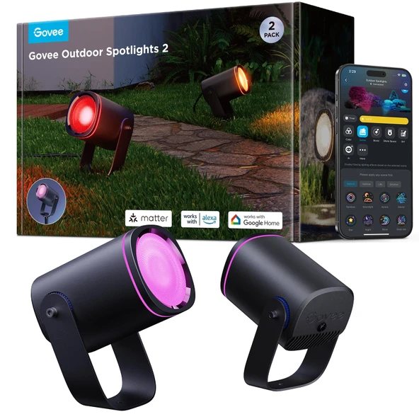 Govee Dış Mekan LED spot ışığı, IP67 su geçirmez bahçe aydınlatması, RGBWIC LED dış mekan spot ışığı, kısılabilir 700 lm, 69 sahne modu ve 16 milyon. Renkler,Matter ile çalışır. 2 paket ürün görseli 1