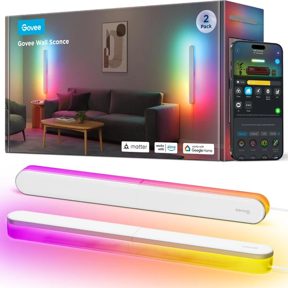Govee RGBICW İç Mekan Duvar Lambası, Matter ile Uyumlu Akıllı Duvar Lambası,1200lm LED Duvar Lambası, Müzik Senkronizasyonu, Oturma Odası için Dolaylı Aydınlatma, Merdivenler, Koridor, 2'li Paket ürün görseli 1