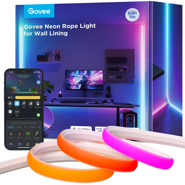 Süpürgelikler için Govee Neon LED şerit, duvar hatları ve köşeler için madde uyumlu 3M RGBIC LED şeritler, müzik senkronizasyonu,kesilebilir,oturma odası,koridor,yatak odası için neon ışık dekorasyonu ürün görseli 1