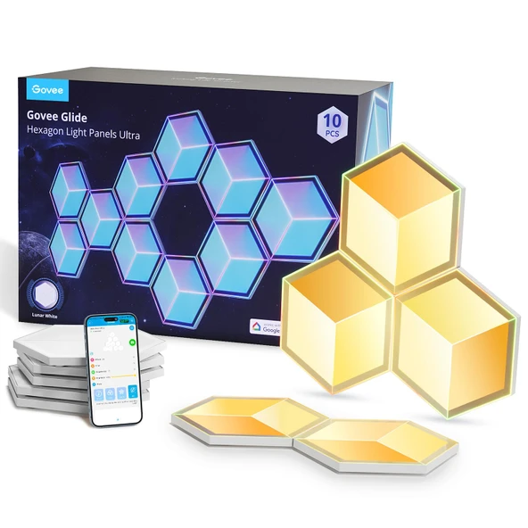 Govee Glide Hexagon Işık Panelleri Ultra, 3D Hexagon LED Paneller RGBIC, Wi-Fi duvar lambası 129 LED,oyun duvarı odası dekorasyonu için 60 sahne modu ve müzik senkronizasyonu, 10 panel Ay Beyazı ürün görseli 1