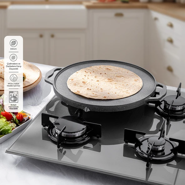 Emsan Stone Alüminyum Döküm Çift Taraflı Gözleme Tavası 34 cm Gri ürün görseli 1