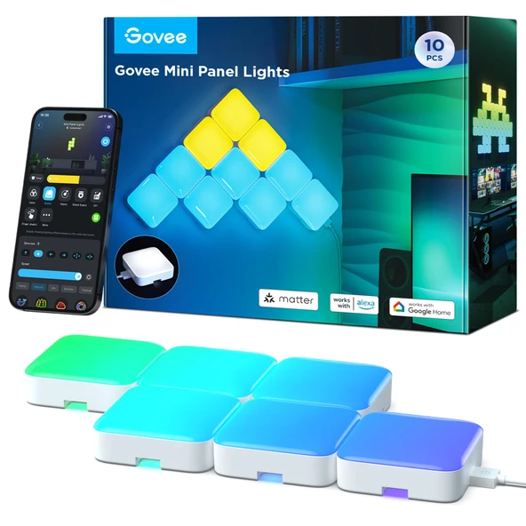 Govee Mini Panel Işıkları, RGBIC Duvar Panelleri, Müzik Modları, DIY Modu, Maddeyle Çalışır,G50 Sahne Modu Oyun Odası,Yatak Odası, Oturma Odası için LED Duvar Panelleri, 10'lu Paket ürün görseli 1