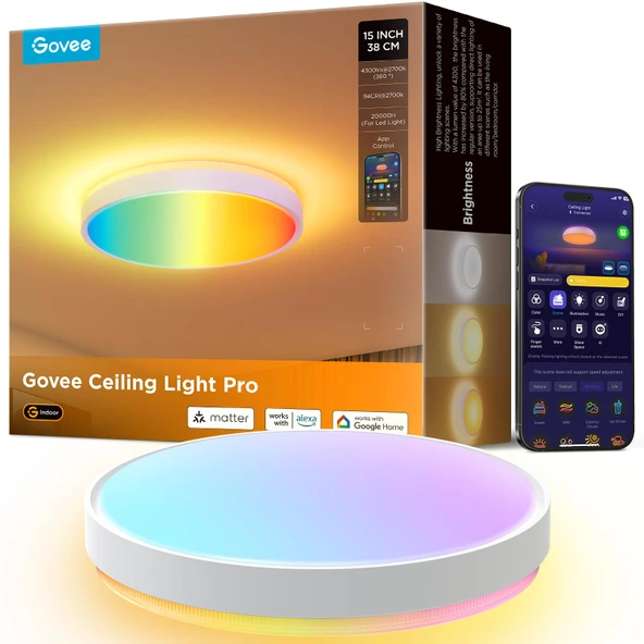 Govee Tavan Lambası RGBIC 48,5W, Akıllı LED Tavan Işığı 4300lm Matter, Alexa ve Google Assistant ile Uyumlu,Tavan Lambası LED Ø38cm Lamba Oturma Odası Yatak Odası için Arkadan Aydınlatmalı Kısılabilir ürün görseli 1