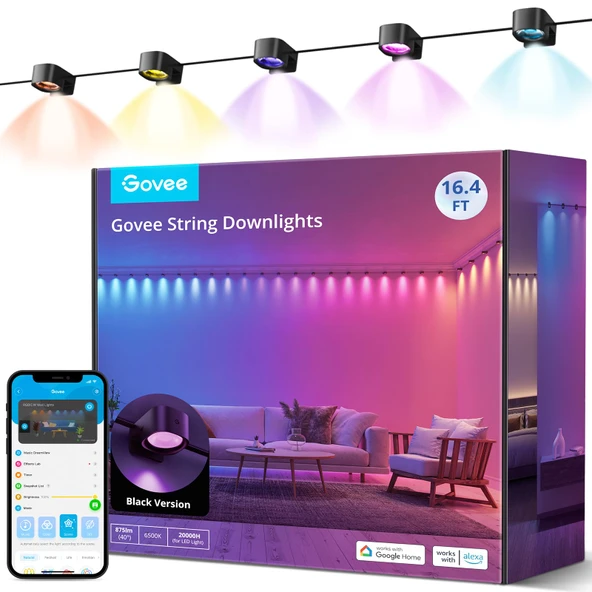 Govee Smart RGBIC Duvar Lambası İç Mekan, Alexa ile Uyumlu LED Duvar Lambası, Parti için WiFi Duvar Lambası, Müzik Senkronizasyonu, Oturma Odası için Duvar Lambası Kısılabilir İç Aydınlatma,Siyah, 5M ürün görseli 1