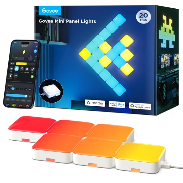 Govee Mini Panel Işıkları, RGBIC Duvar Panelleri, Müzik Modları, DIY Modu, Maddeyle Çalışır, 50 Sahne Modu Oyun Odası, Yatak Odası, Oturma Odası için LED Duvar Panelleri, 20 Paket ürün görseli 1
