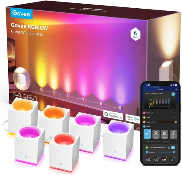 Govee RGBIC LED duvar lambası iç mekan, Alexa lambayla uyumlu, parti ve müzik senkronizasyonu dekorasyonu WiFi duvar lambaları, oturma odası, yemek odası için duvar lambası kısılabilir iç aydınlatma ürün görseli 1