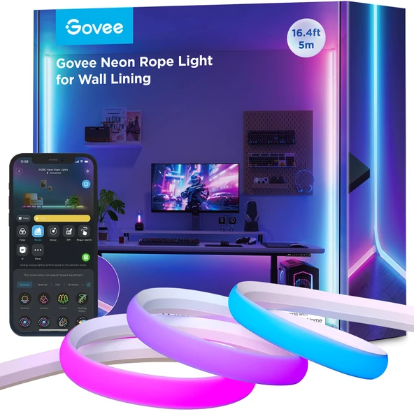 Süpürgelikler için Govee Neon LED şerit, duvar hatları ve köşeler için 5M RGBIC LED şeritler, oturma odası, koridor, yatak odası için mat, müzik senkronizasyonu, kesilebilir, neon ışık ile uyumlu ürün görseli 1