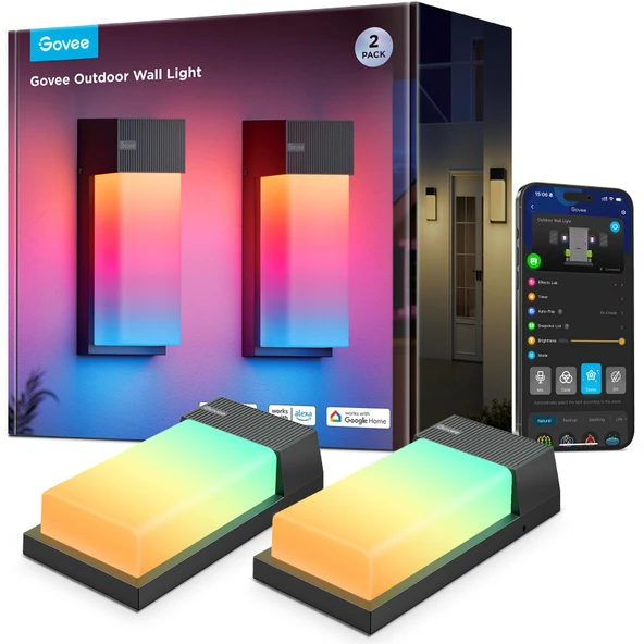 Govee Outdoor Wall Light, 1500LM Smart RGBIC Porch Işıkları, 45 Sahne Modları ile, IP65 Dışar, DIY 2 Pack Smart RGBIC Porch Işıkları Açık, 45 Sahne Modları, IP65 Dışar için Su geçirmez ürün görseli 1