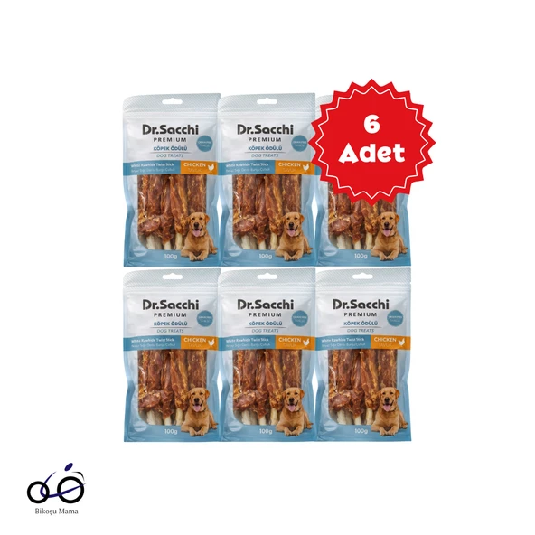 Dr.Sacchi Premium Tavuklu Beyaz Sığır Derisi Burgu Çubuk Tahılsız Köpek Ödülü 5'' 5'li 100gr 6 Adet ürün görseli 1