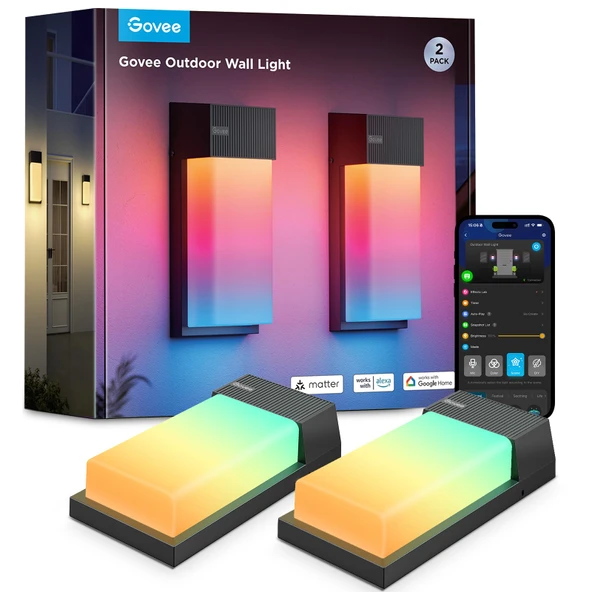 Govee Dış Mekan Duvar Işığı RGBIC, 1500LM Akıllı LED Duvar Işığı Dış Mekan, 45 Sahne Modu ile, Duvar Lambası için IP65 Su Geçirmez, DIY Duvar Işığı,2'li Paket ürün görseli 1