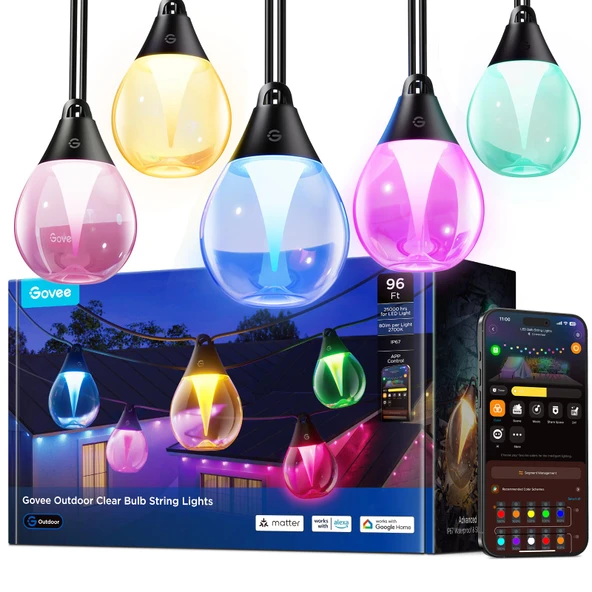 Govee dış mekan peri ışıkları, 16 milyon renk ve 111 sahne moduna sahip 30M kısılabilir RGBWIC LED peri ışıkları, LED başına 80 lm, 25.000 saat kullanım ömrü, Alexa ürün görseli 1