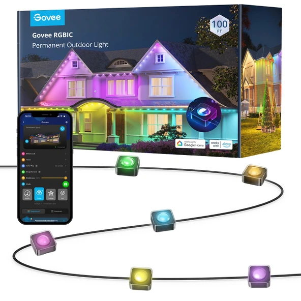 Govee Sürekli Açık Işıklar, Smart RGBIC Outdoor Dekorasyon 75 Sahne Modları ile 100ft, 72 LED Işıklar ile IP67 Villa, Black RGBIC Outdoor Dekorasyonlar, Siyah Ekran Modes, 100ft with 72 LED Işıklar, ürün görseli 1