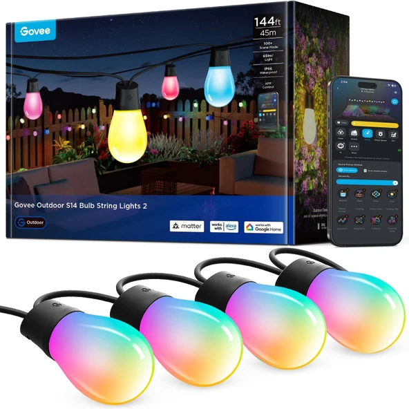 Govee S14 Bulb Açık Yaylı Işıklar 2, 144ft Smart RGBIC Sıcak Beyaz Veranda Işıklar 15 LED Bulble 111 Sahne Modus, Açık Dekorasyon için 111 Sahne Moduları, Yükseltilmiş IP66 Alexa ile uyumlu ürün görseli 1
