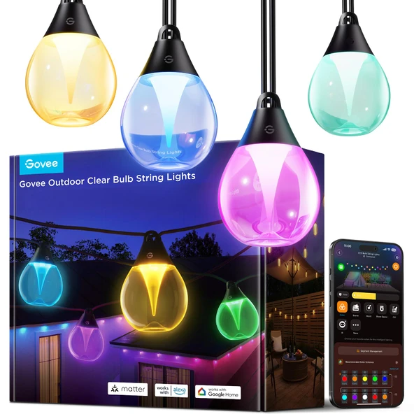 Govee dış mekan peri ışıkları, 16 milyon renk ve 111 sahne moduna sahip 15M kısılabilir RGBWIC LED peri ışıkları, LED başına 80 lm, 25.000 saat kullanım ömrü,Google Assistant ve Matter ile çalışır ürün görseli 1