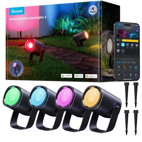 Govee Dış Mekan LED spot ışığı, IP67 su geçirmez bahçe aydınlatması, RGBWIC LED dış mekan spot ışığı, kısılabilir 700 lm, 69 sahne modu ve 16 milyon. Renkler, Alexa, Google Asistan,4 paket ürün görseli 1