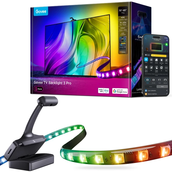 Govee TV Backlight 3 Pro with HDR Triple Camera, 16.4ft 5-in-1 RGBWIC LED Strip Işıklar 75-85 inç TV ile Değiştiren 75 Dosyası, 75 Dosya / Destekler AI Filtresi ürün görseli 1