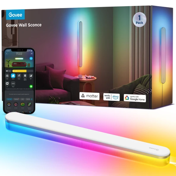 Govee RGBICW iç mekan duvar lambası, Matter, Alexa ve Google Assistant ile uyumlu akıllı duvar lambası, 1200lm LED duvar lambası, müzik senkronizasyonu, 1 parça ürün görseli 1