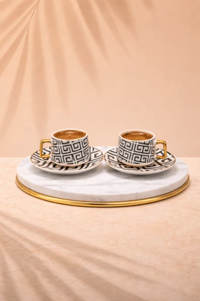2 Kişilik Gold Detaylı,Dekoratif Desenli Türk Kahvesi Fincan Takımı, Hediyelik Set ürün görseli 1