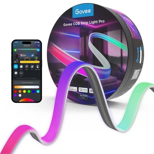 Govee COB Şerit Işığı Pro 5m, Sıcak beyaz özellikli Akıllı LED şerit RGBIC, 6300 LED şerit 2250lm yatak odası için müzik senkronizasyonlu kesilebilir peri ışıkları ürün görseli 1