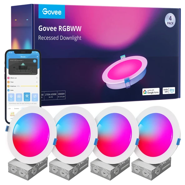 Govee Akıllı Gömme Aydınlatma 6 Perfect, Wi-Fi Bluetooth Doğrudan Bağlantılı RGBW LED Downlight, 65 Sahne Modu, Alexa ve Google Asistan ile Uyumlu, Bağlantı Kutusu Dahil, 1100 Lümen, 4'lü Paket ürün görseli 1