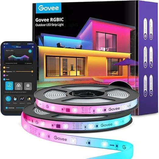 Govee Dış Mekan LED Şerit 20m, IP65 Su Geçirmez, Alexa ile Çalışır, Uygulama Kontrolü, Segment Kontrollü RGBIC LED Şerit, Renk Değiştirme, Müzik Senkronizasyonu,Bahçe Dış Mekan Dekorasyonu için ürün görseli 1