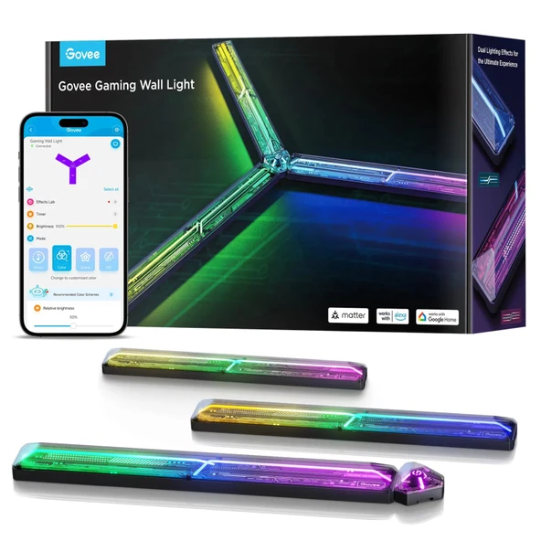 Govee LED Gaming Glide Duvar Işığı, DIY cyberpunk tarzı şekil ve renklere sahip RGBIC duvar lambası, 60'tan fazla sahne efekti, akıllı ışık, oyun ışığı dekorasyonu, 3 parça ve 1 köşe ürün görseli 1